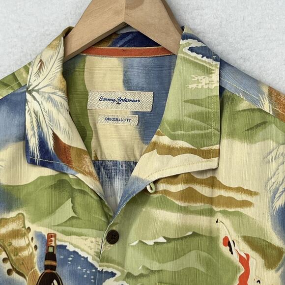 TOMMY BAHAMA Shirt Men L Silk Camp Hawaiian Cocktails Guitar Bartender Camp - Picture 8 of 16